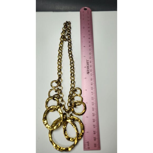 Chunky Hammered Gold Tone Statement Necklace 16” Chain with 2.5” Ring Pendant - Picture 5 of 6